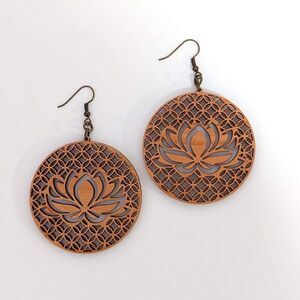 Namaste Lotus Style Cherrywood Lasercut Rattan Drop Earrings | Handmade Earrings
